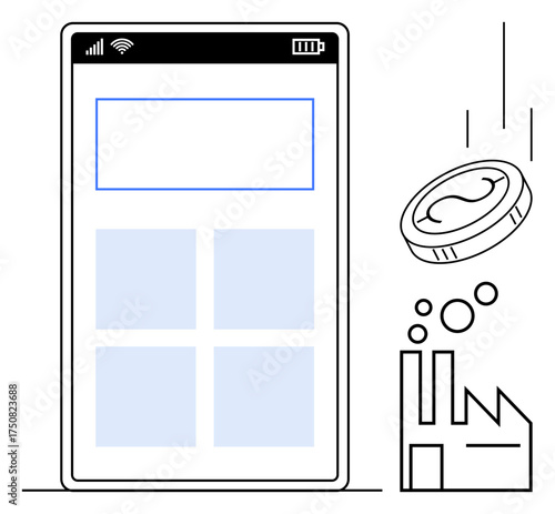 Smartphone screen with mobile app UI, coin descending toward factory. Ideal for fintech, mobile payments, industry innovation, currency, technology, digital economy modern trade. Minimal flat
