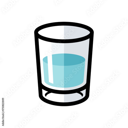 A simple flat design illustration of a clear glass filled with light blue water casting a soft grey shadow on a pure white background highlighting