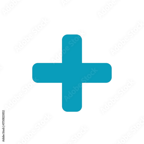 A simple geometric teal plus sign symbol with rounded edges presented centered on a pure white background signifying additive elements or healthcare