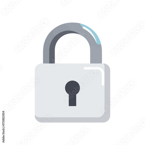 A simple flat vector illustration of a silver padlock with a gray shackle and a dark gray keyhole set against a clean white background symbolizing