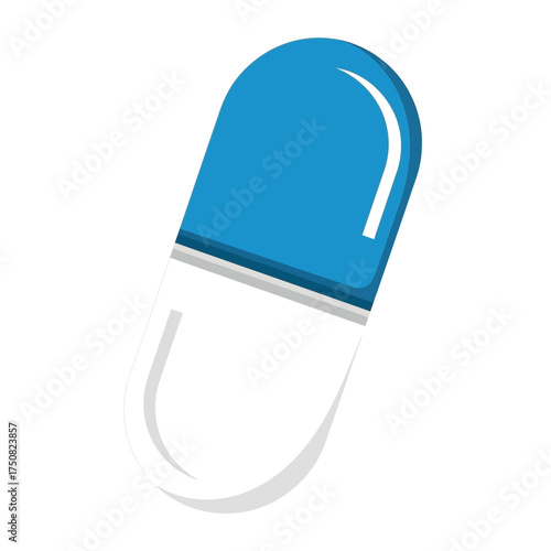 A simple graphic illustration of a single blue and white capsule or pill with a reflective sheen on its curved surface presented against a plain