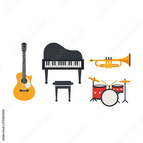 A vibrant collection of pixel art musical instruments including a classic acoustic guitar a grand piano with its accompanying stool a brass trumpet