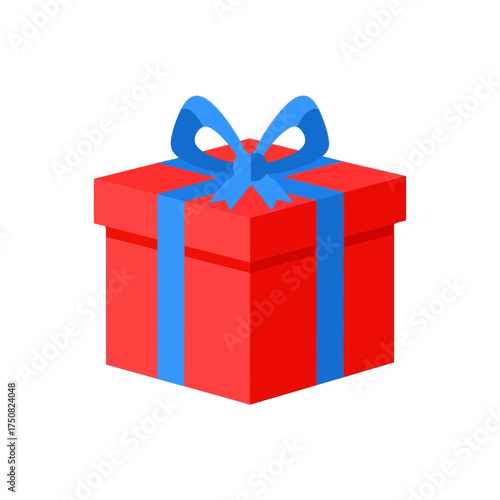 A vibrant red gift box adorned with a bright blue ribbon and bow, presented on a clean white background, embodying the essence of celebration and