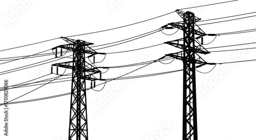 High voltage electricity pylons with lattice steel towers and multiple power lines silhouette isolated on white background for energy infrastructure illustration