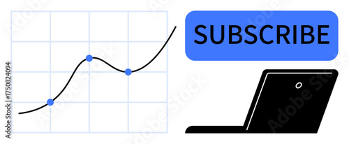 Curved growth graph with data points beside a bold Subscribe button and a sleek laptop graphic. Ideal for analytics, subscriptions, growth, strategy, marketing, technology, education. Simple flat