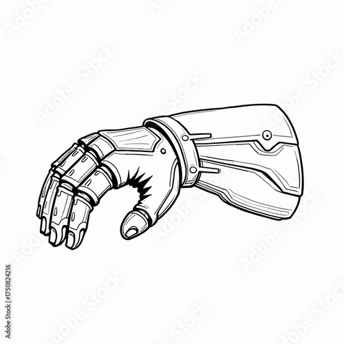 Robotic hand in detailed line art style with mechanical features  