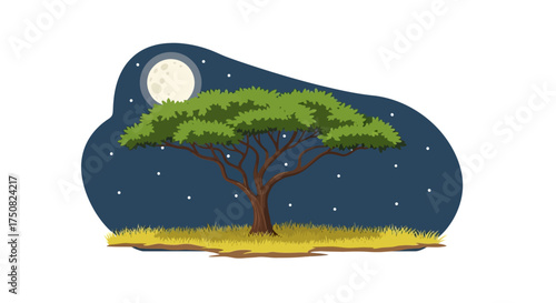 Illustration of a serene night landscape with a tree, moon and sparkling stars under a calm sky