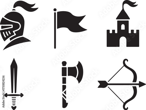 Medieval icons knight, castle, sword, axe, bow, flag