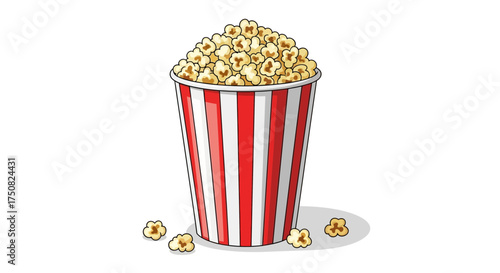 Classic Red and White Striped Popcorn Tub Overflowing with Kernels.