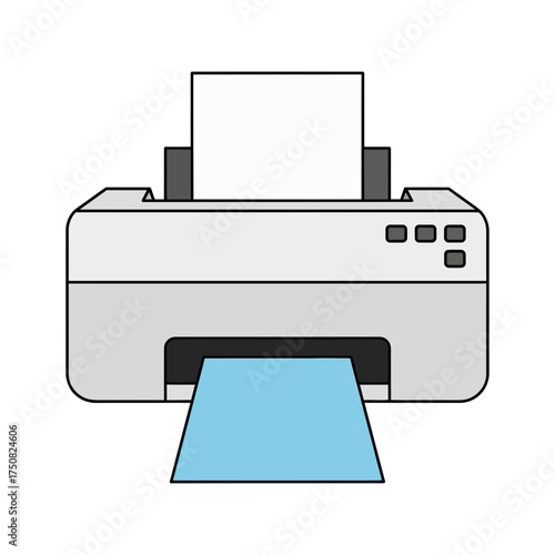 Modern minimalistic flat design vector illustration of a digital inkjet printer with a sheet of paper loaded in the input tray and another sheet
