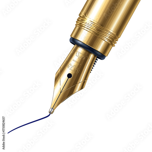 Close up of a golden fountain pen writing a thin black line on a white background.