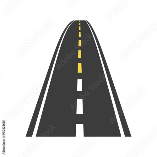 Perspective view of a dark asphalt road with a clean white dashed line and a broken yellow center line stretching towards the horizon under a bright