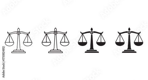 Set of justice scales icons in different styles, isolated on transparent background