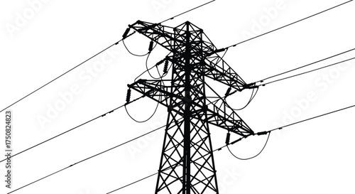 High voltage electricity transmission tower silhouette with power lines, energy infrastructure, industrial utility grid, renewable distribution network, engineering structure illustration