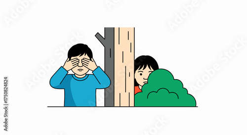 Minimalist illustration of children playing hide and seek near a tree and shrubbery