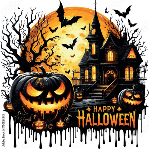 Halloween background with pumpkins and haunted house