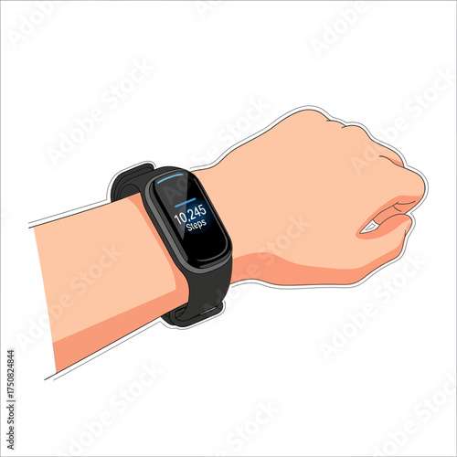 Closeup of a persons wrist wearing a black fitness tracker watch.