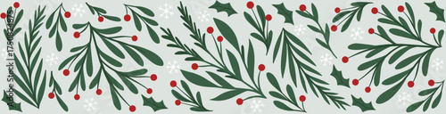 Classic Winter Horizontal Border with Snowy Green Foliage and Red Berries