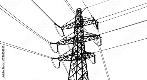High voltage electricity transmission tower silhouette with power lines, energy infrastructure, industrial pylon design, electrical grid engineering vector illustration