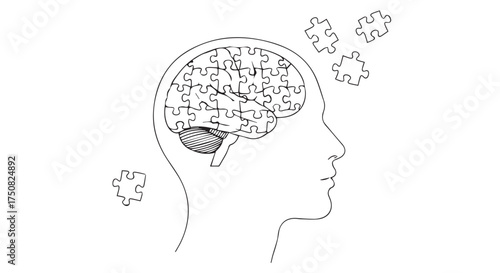 Illustration of a human head with a jigsaw puzzle brain and scattered pieces isolated on transparent background