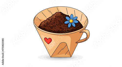 Coffee filter with ground coffee and a blue flower.