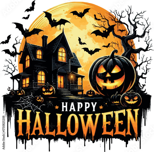 Halloween background with pumpkins and haunted house