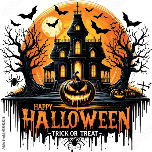 Halloween background with pumpkins and haunted house