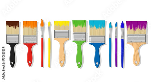 Collection of Colorful Paint Brushes and Art Supplies.