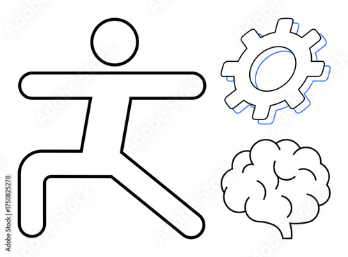 Stick figure in a yoga pose with a brain and gear symbolizing mental clarity, innovation, and balance. Ideal for wellness, productivity, mindfulness, teamwork, mental health, personal growth simple