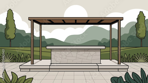 Outdoor stone counter under a pergola with mountain and tree background in a cartoon style image