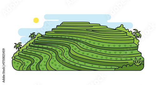 Stylized rice terrace illustration evoking a sense of tranquility and sustainable agriculture