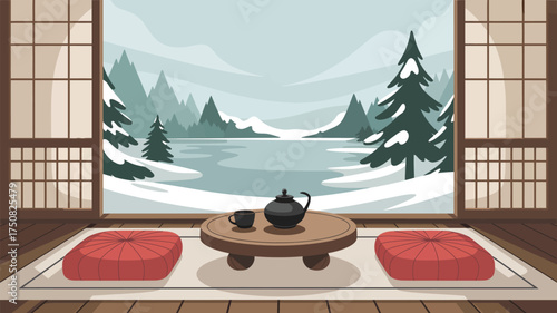 A serene winter scene viewed from a traditional japanese room with tea set and cushions present