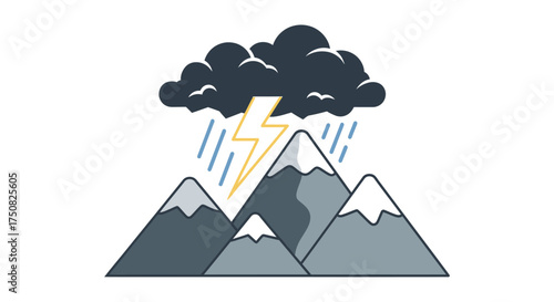 Stylized illustration of a mountain range during a thunderstorm with cloud and lighting and rain