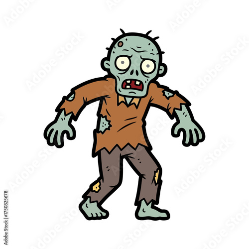 A comical cartoon zombie with tattered clothes and vacant eyes stands with arms outstretched in a menacing yet humorous pose on a plain white