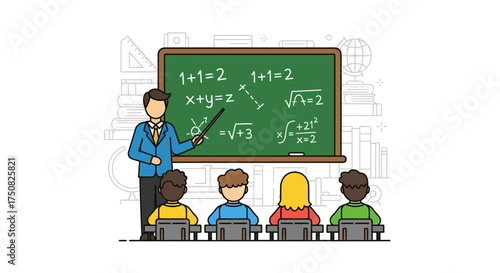Engaging illustration of teacher lecturing students on mathematical concepts at the blackboard