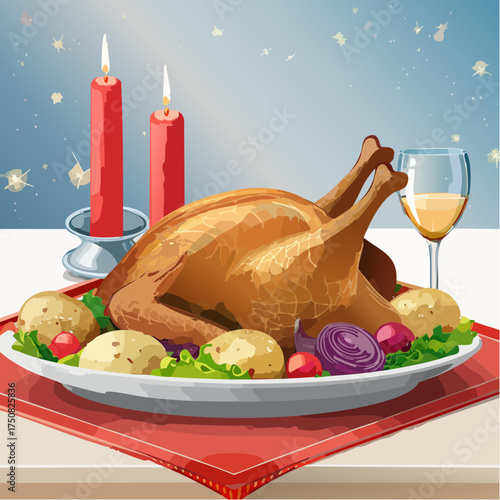 Festlicher Gänsebraten mit knuspriger Haut, serviert auf einem edlen Weihnachtstisch mit Rotkohl, Kartoffelknödeln