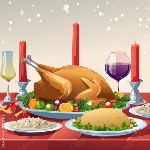 Festlicher Gänsebraten mit knuspriger Haut, serviert auf einem edlen Weihnachtstisch mit Rotkohl, Kartoffelknödeln