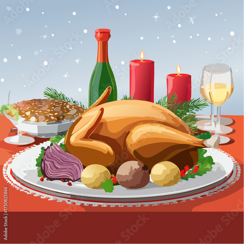 Festlicher Gänsebraten mit knuspriger Haut, serviert auf einem edlen Weihnachtstisch mit Rotkohl, Kartoffelknödeln