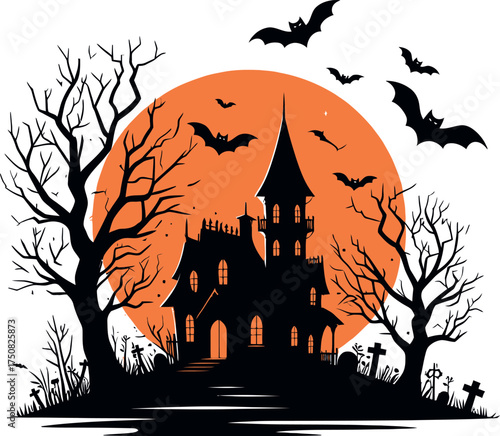 Halloween background with pumpkins and haunted house