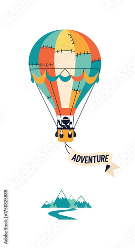 Colorful hot air balloon with adventure banner flying over mountains and river.