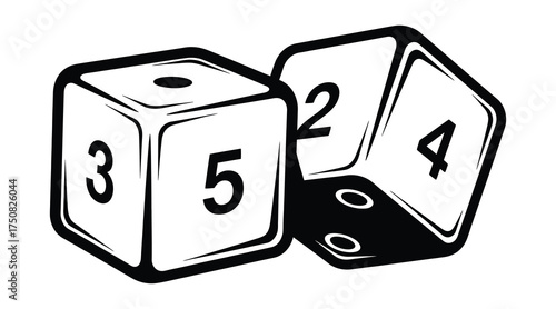 Illustration of two dice with the numbers 3, 5, 1 and 2, 4, 6, black and white drawing of a pair of dice, a game of chance