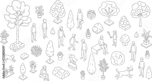 isometric people, plants, and animals with exterior landscape items