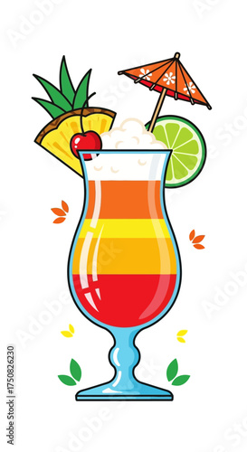 Colorful Tropical Cocktail with Garnishes.