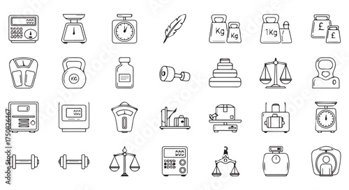 Collection of various weighing scales and measurement devices isolated on transparent background