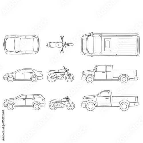 Set of outline vector car, bike, truck vehicles. Top and side view. Vector illustration