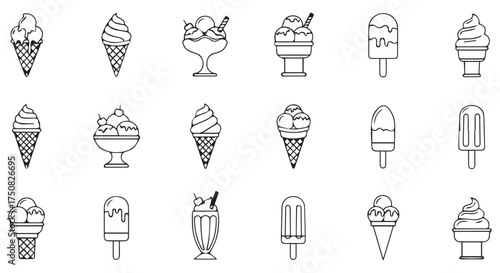 Assortment of ice cream and frozen dessert icons in cones and cups, isolated on transparent background