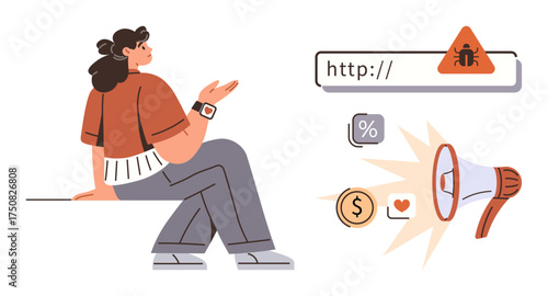 Woman gesturing while addressing online risks, alongside URL warning, percent icon, coin, heart, and megaphone. Ideal for cybersecurity, fraud prevention, awareness marketing digital risk