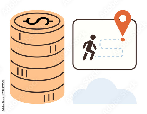 Stack of coins paired with a figure navigating a path to location pin. Ideal for finance, budgeting, savings, career goals, investment, achievement, innovation visualization. Simple flat metaphor