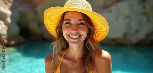 Portrait of smiling young woman wearing sun hat near pool. She enjoys warm sunny day on summer vacation. Vacationer relaxes at poolside. Lady looks positive. Rocks and water are visible.