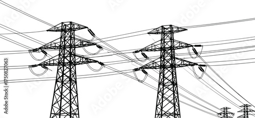 High voltage electricity transmission towers with power lines, lattice pylons, energy infrastructure, industrial grid system, renewable energy distribution illustration